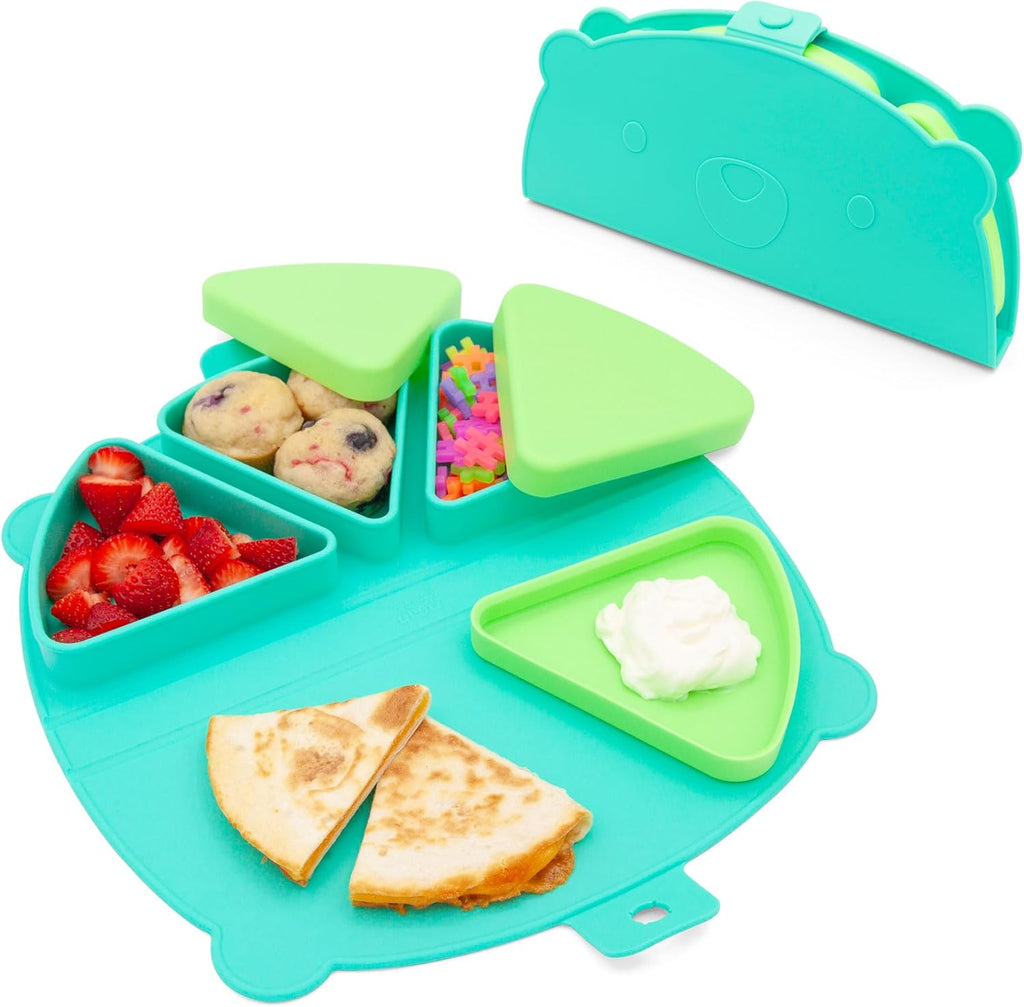 321 Grow Silicone On-The-Go Snack Mat in aqua blue front view showcasing three lidded compartments
