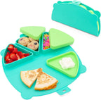 321 Grow Silicone On-The-Go Snack Mat in aqua blue front view showcasing three lidded compartments