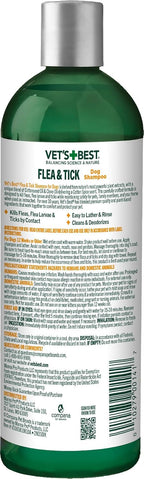 Vet's Best plant based flea shampoo bottle back label showing active natural ingredients