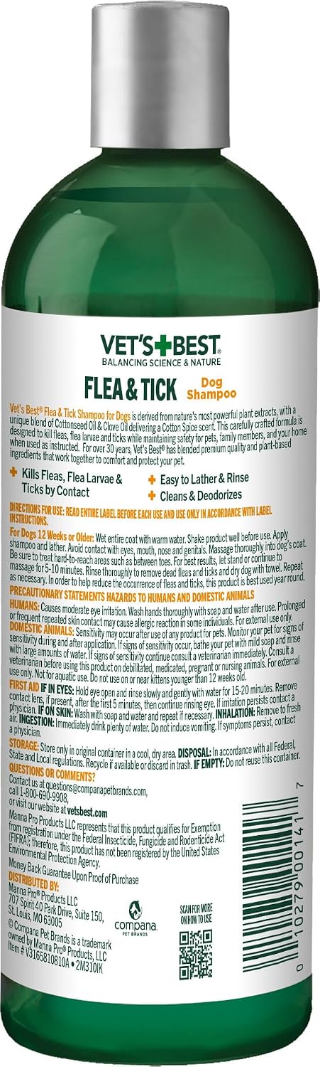 Vet's Best plant based flea shampoo bottle back label showing active natural ingredients
