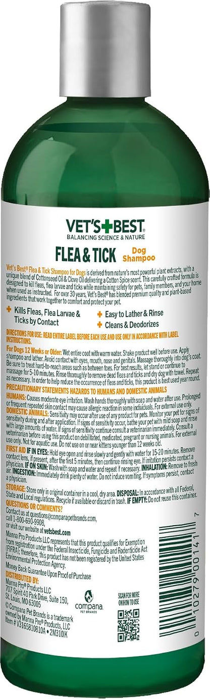 Vet's Best plant based flea shampoo bottle back label showing active natural ingredients
