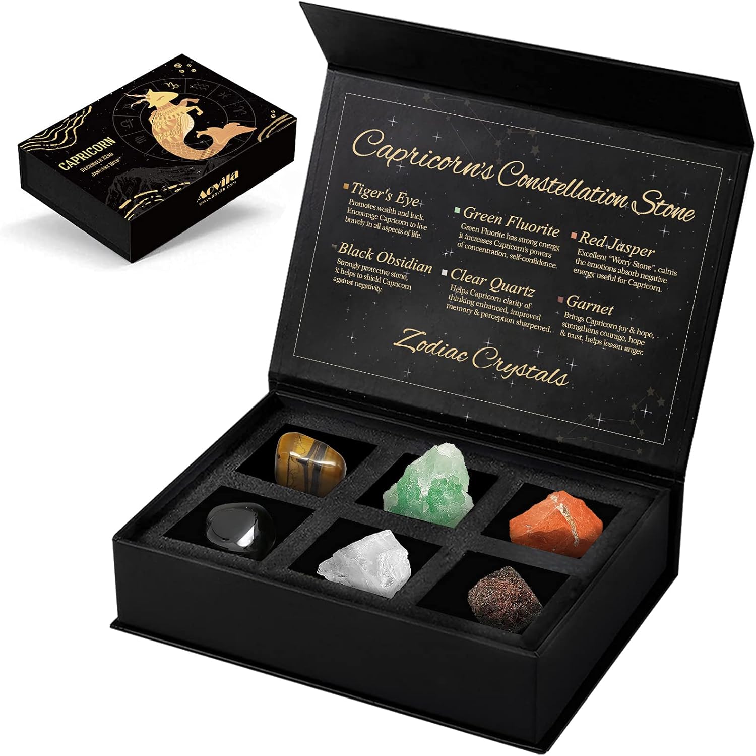 Aovila Capricorn Crystals Gift Set front view of open horoscope box showing six natural stones.
