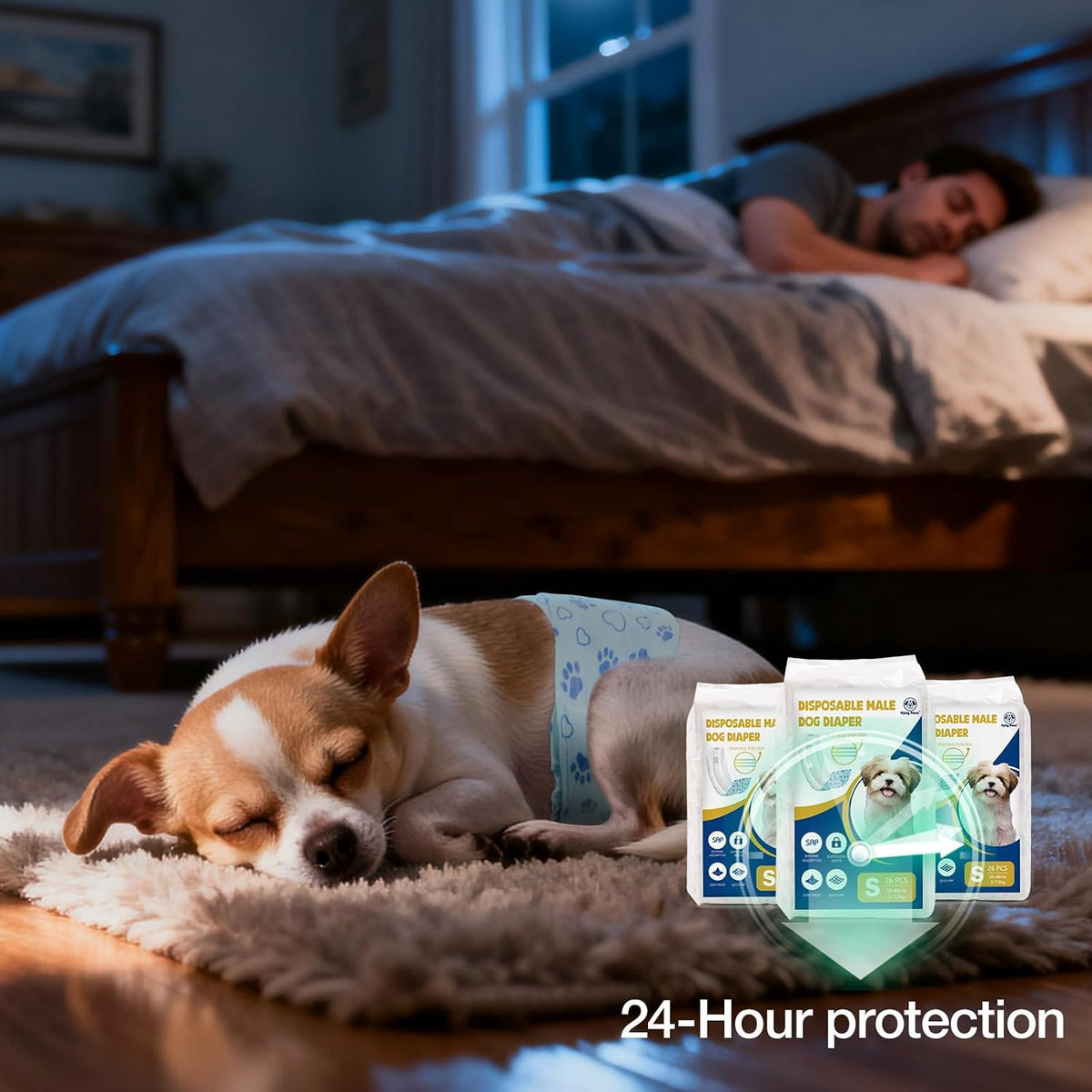Full view of the 26 pack Flying Paws male dog diapers packaging for incontinence management.