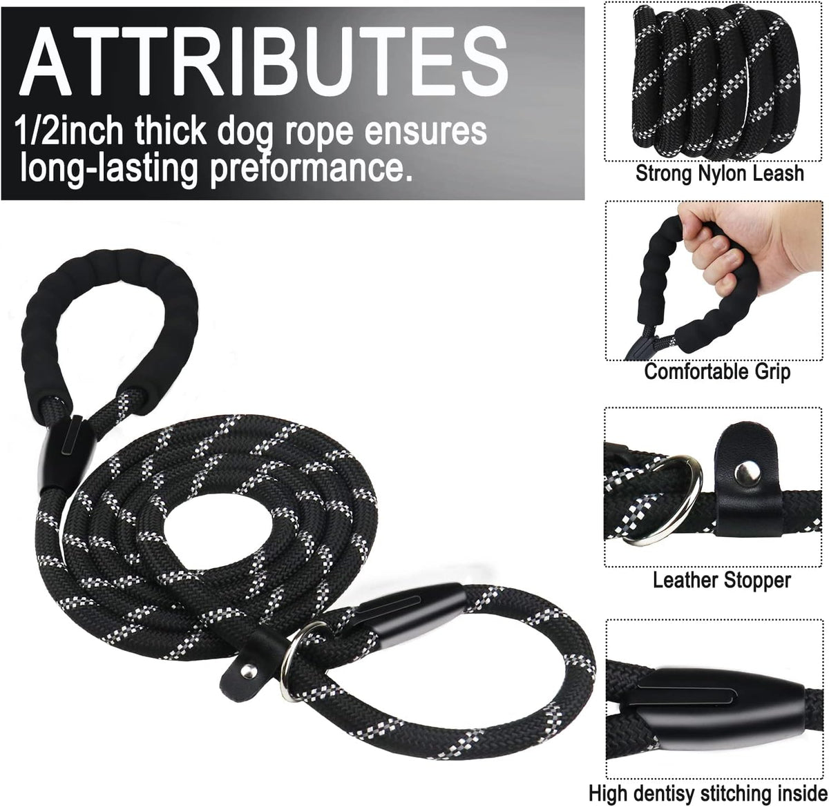 Black six feet nylon rope dog leash with soft padded foam handle close up view