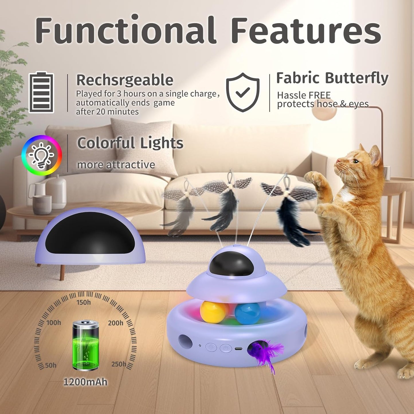 Purple multi-functional cat entertainment device operating on a living room floor