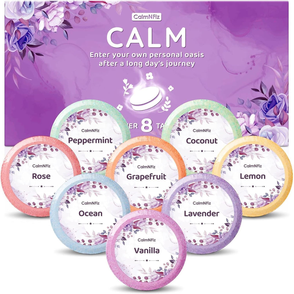CalmNFiz aromatherapy shower steamers 8 pack box front view