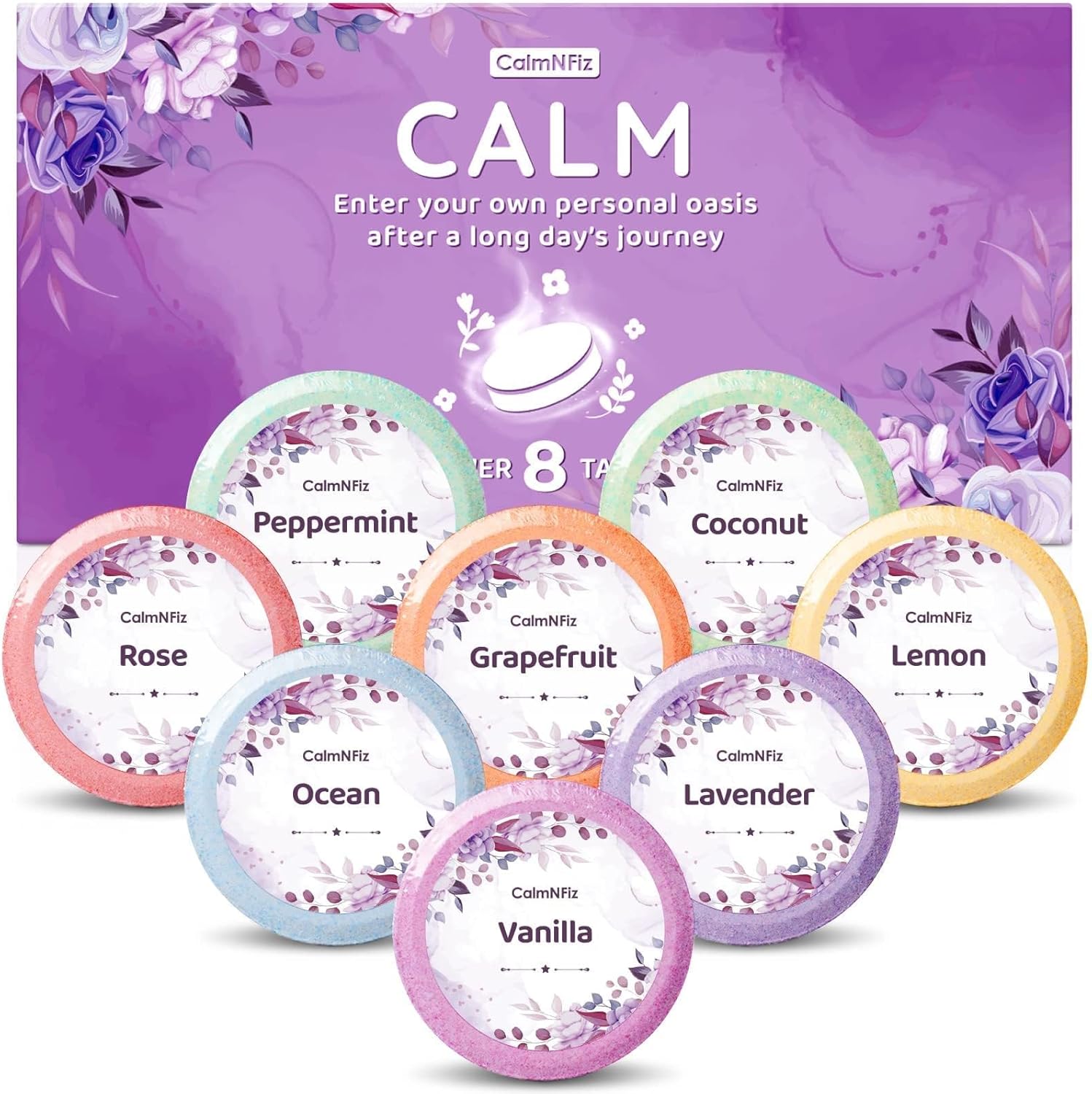 CalmNFiz Aromatherapy Shower Steamers 8 Pack front view showing luxury gift packaging for home spa relaxation.