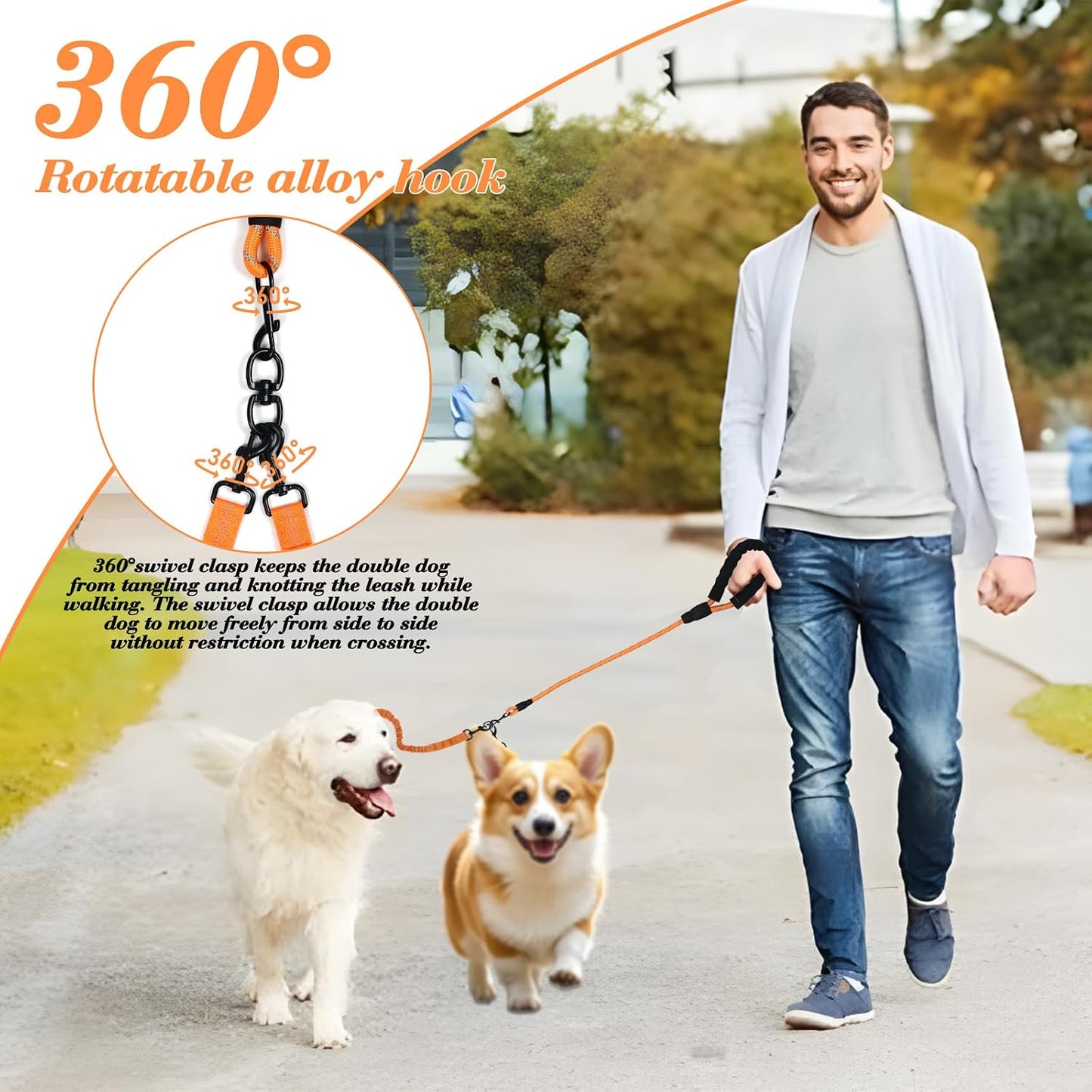 Orange shock absorbing bungee leash for four dogs with padded handles