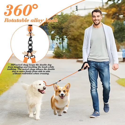 Orange shock absorbing bungee leash for four dogs with padded handles