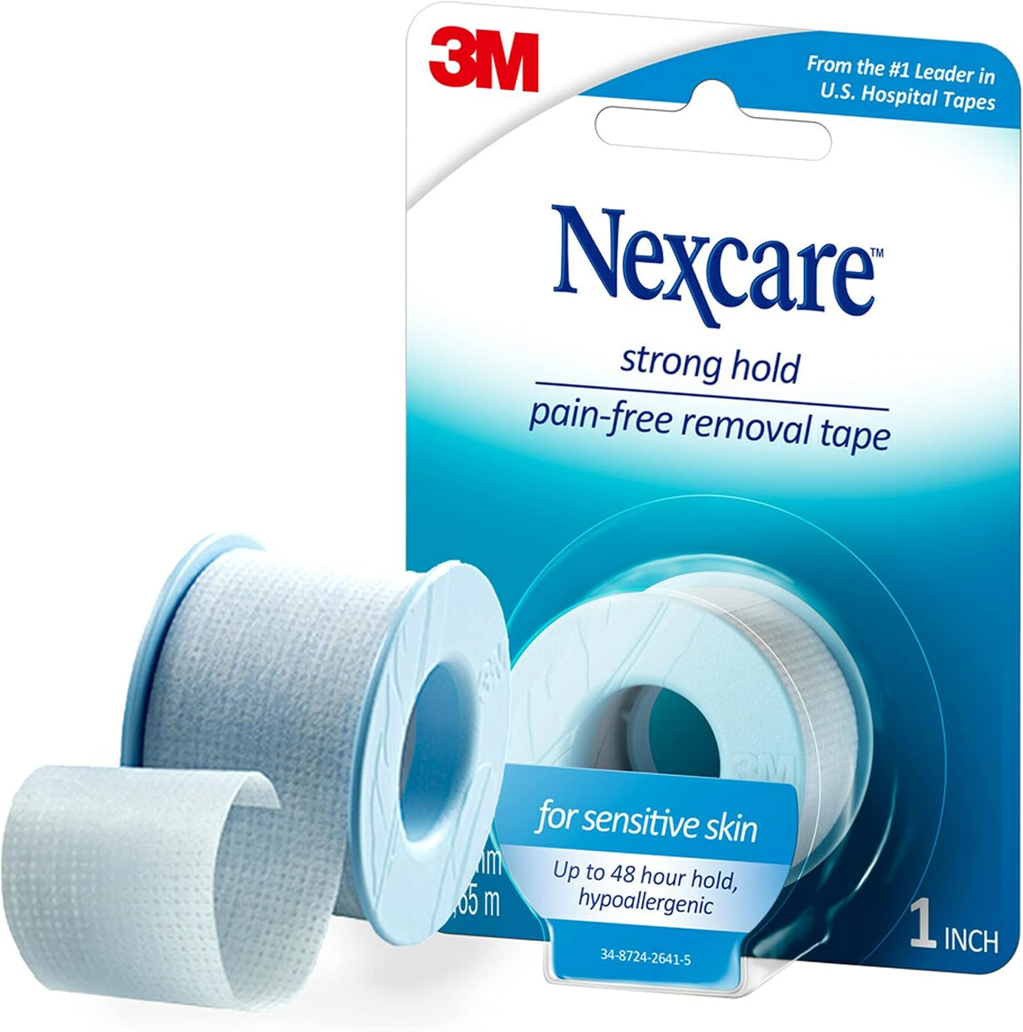 Nexcare Strong Yet Pain Free Tape front view of the single blue roll packaging.