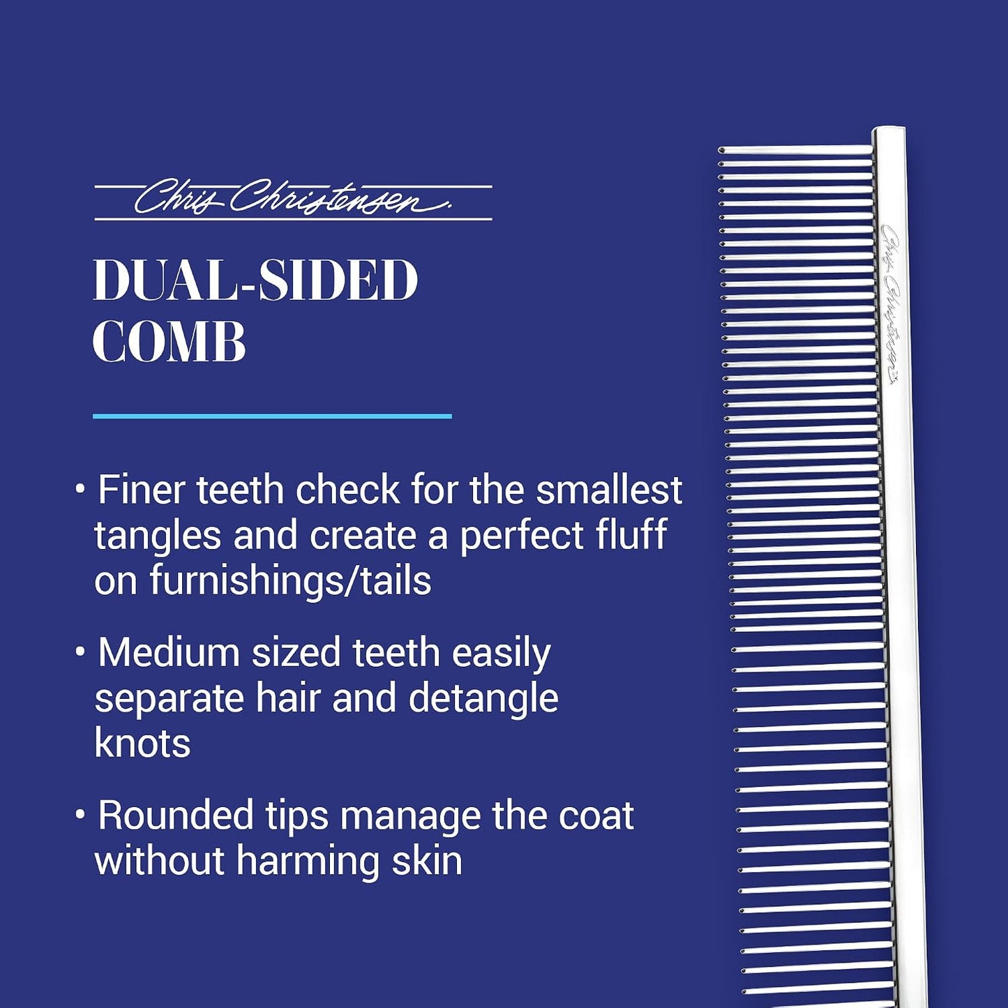 Solid brass core pet comb with chrome finish for everyday detangling and line combing