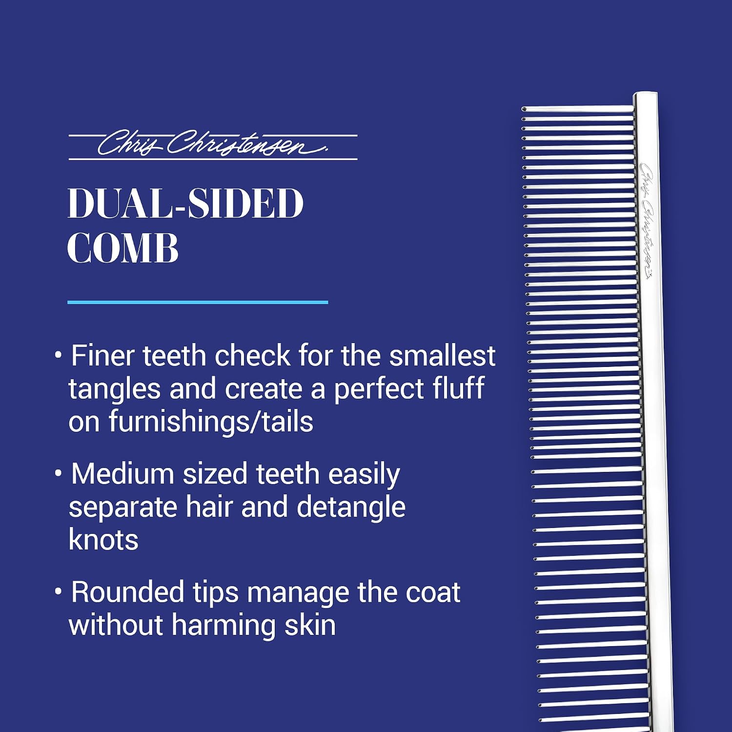 Solid brass core pet comb with chrome finish for everyday detangling and line combing