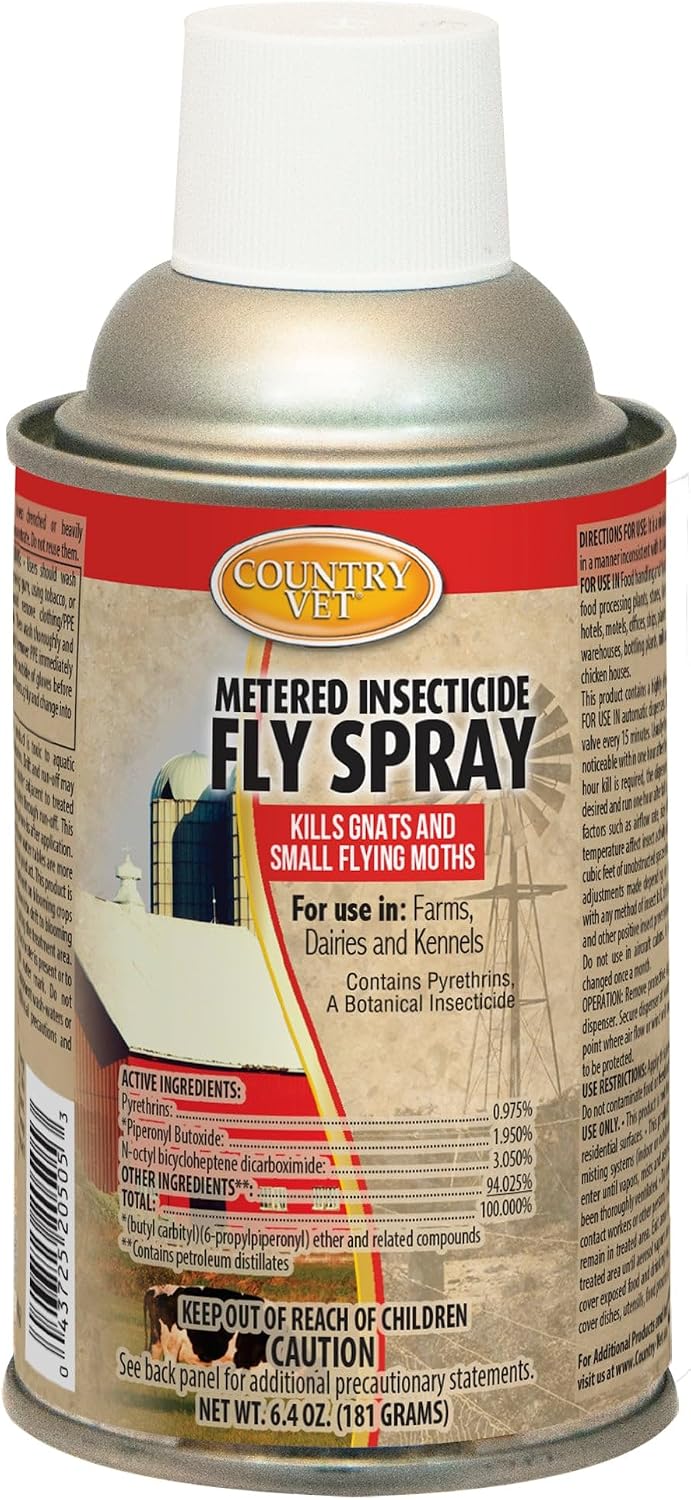 Country Vet fly spray case of twelve aerosol cans arranged for commercial inventory display.