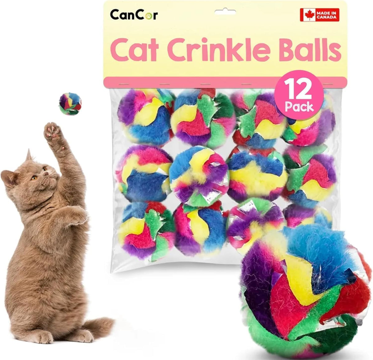 Cancor Innovations mini crinkle ball cat toy twelve pack front view showing colorful textured play balls for indoor cats.
