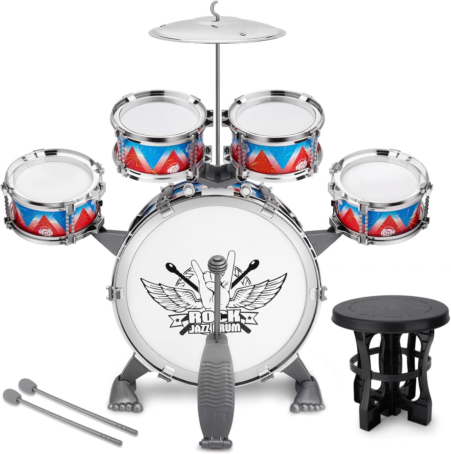 CHADRIGIVS toddler jazz drum set front view showing bass drum cymbal and stool setup