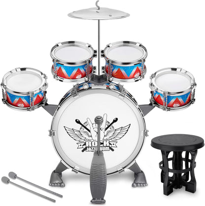 CHADRIGIVS toddler jazz drum set front view showing bass drum cymbal and stool setup