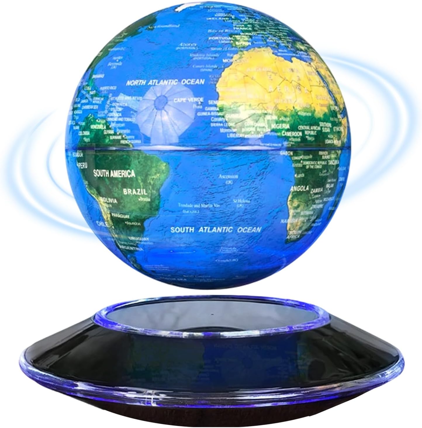 Flagest magnetic levitation floating globe front view showcasing automated three hundred and sixty degree rotation