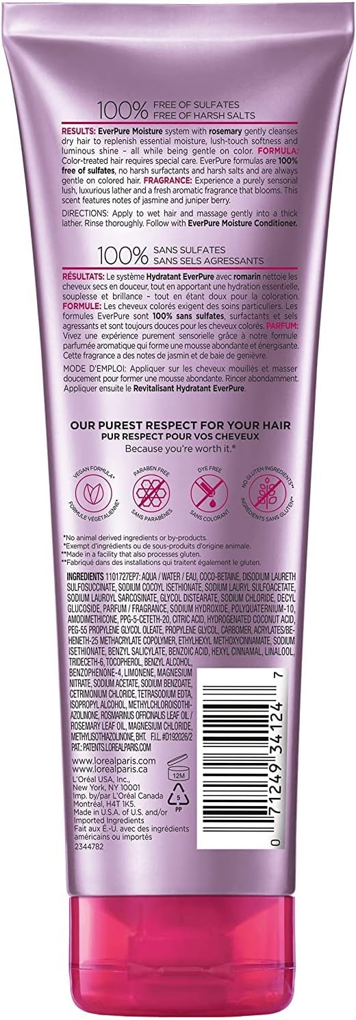 L'Oreal Paris EverPure sulfate free rosemary shampoo tubes placed together