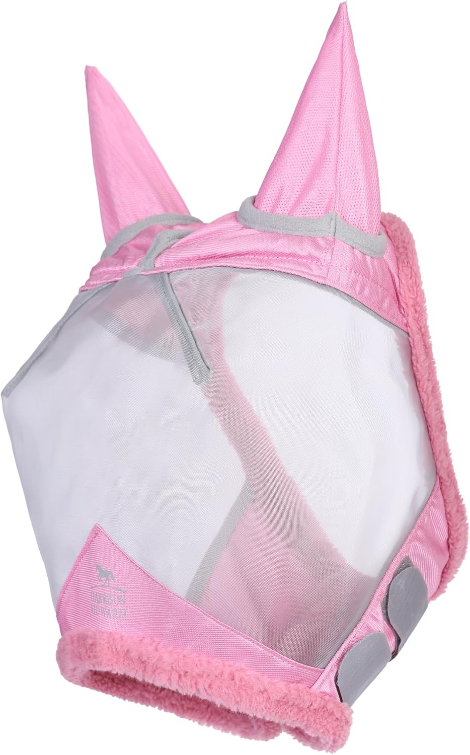Side profile of horse wearing pink UV protective fly mask