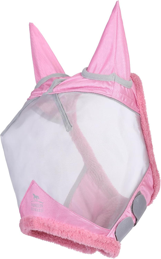 Side profile of horse wearing pink UV protective fly mask