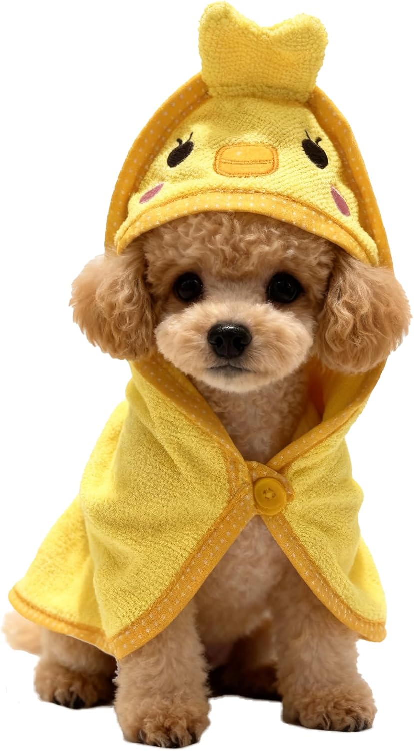IOICYBF dog hooded bathrobe towel yellow small front view on a puppy