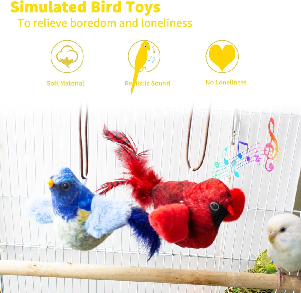 Potaroma touch activated squeaky sound bird toy with durable hanging rope attachment.