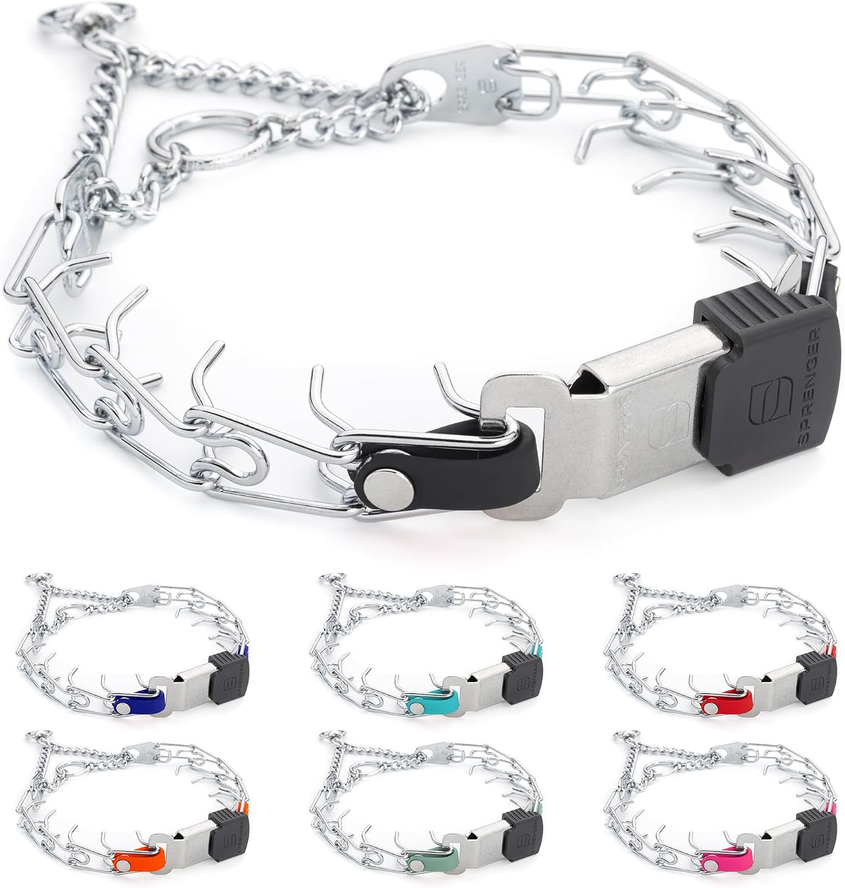 Premium imported Herm Sprenger behavioral correction collar demonstrating leash attachment via the swivel ring.