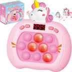 UMQYYMKO pop game light up fidget toy front view showing pink unicorn design and glowing bubbles