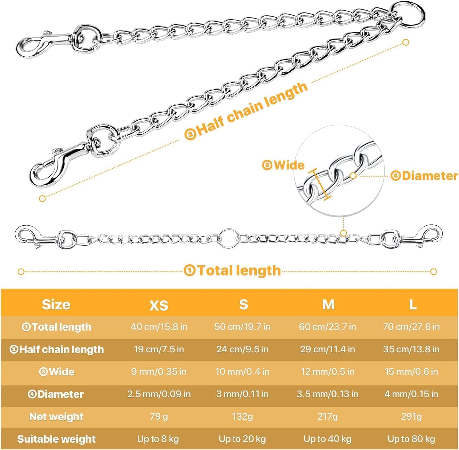 Pettom chrome plated metal dog chain double pet clip leash splitter close up