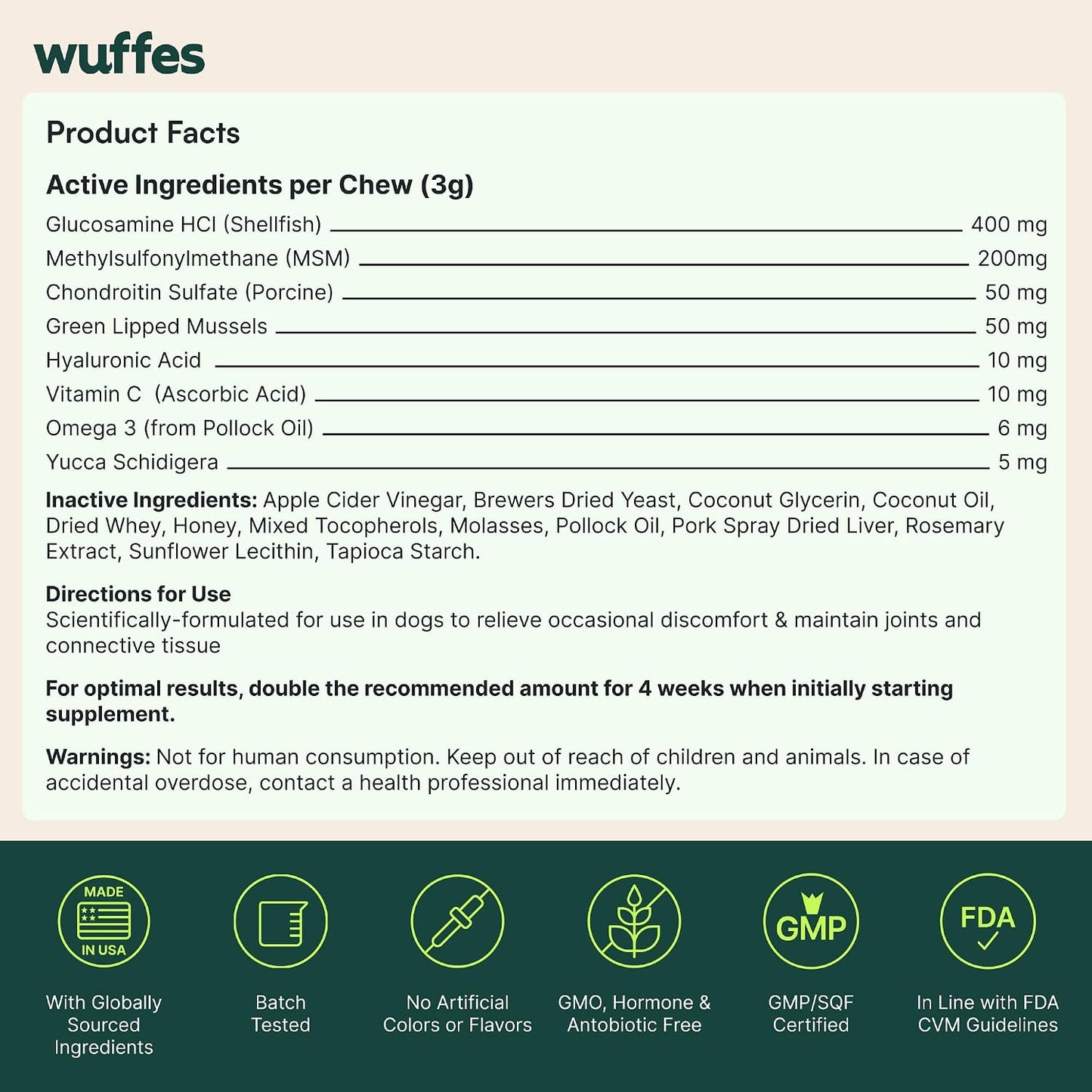 Wuffes Advanced Dog Hip and Joint Supplement with Glucosamine, Chondroitin, Omega 3, MSM, and Green Lipped Mussel, 60 Pork Flavored Chews for Small and Medium Dog Breeds - Image 9