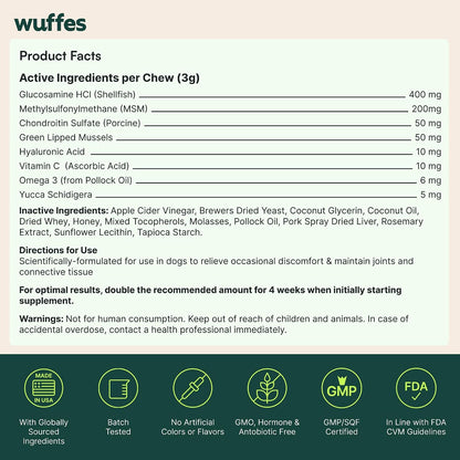 Wuffes Advanced Dog Hip and Joint Supplement with Glucosamine, Chondroitin, Omega 3, MSM, and Green Lipped Mussel, 60 Pork Flavored Chews for Small and Medium Dog Breeds - Image 9