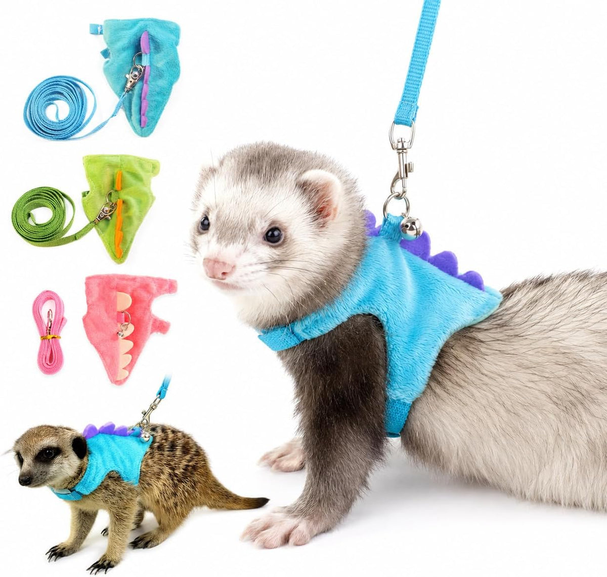 JNCWYP small animal harness and leash set front view showing blue dinosaur vest with purple spikes.
