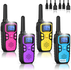 Wishouse M9 rechargeable kids walkie talkies four pack front view showing colorful vibrant designs.