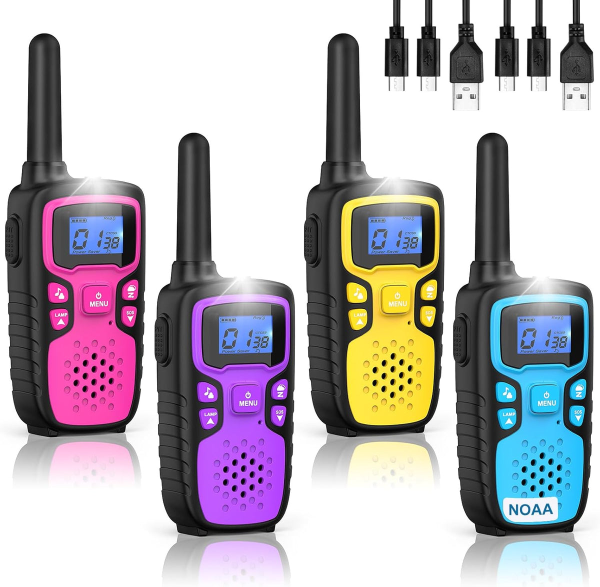 Wishouse M9 rechargeable kids walkie talkies four pack front view showing colorful vibrant designs.