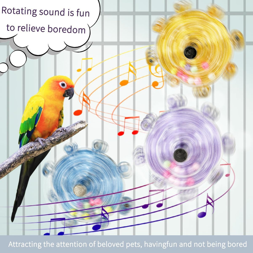 Side profile of Puurof rotating bird toy with transparent plastic casing.