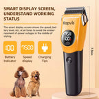 Kapvis dog trimmer showing the intelligent digital screen displaying battery level and rotational speed.