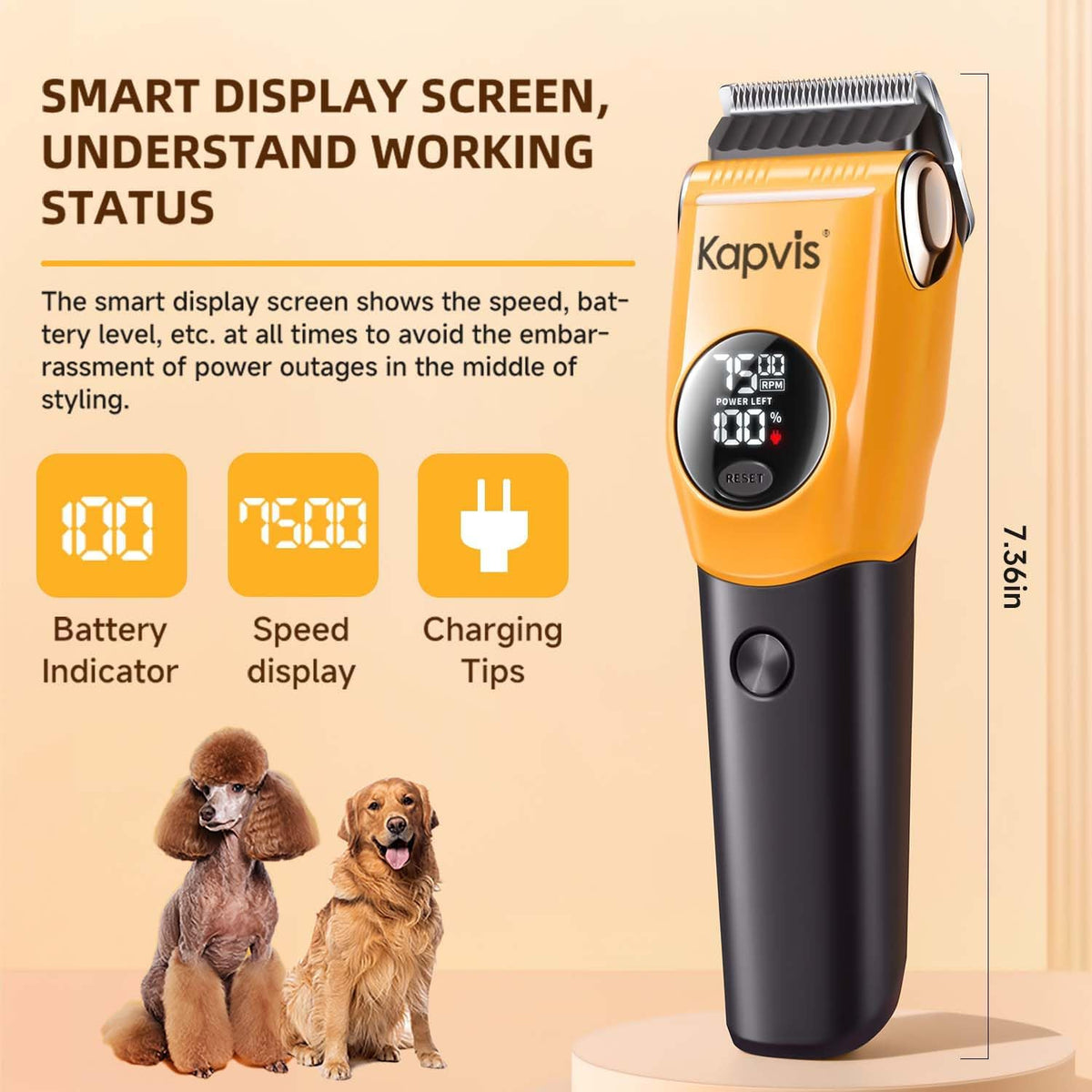 Kapvis dog trimmer showing the intelligent digital screen displaying battery level and rotational speed.
