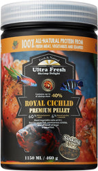 Authentic premium cichlid pellets container for professional aquarium fish keeping.