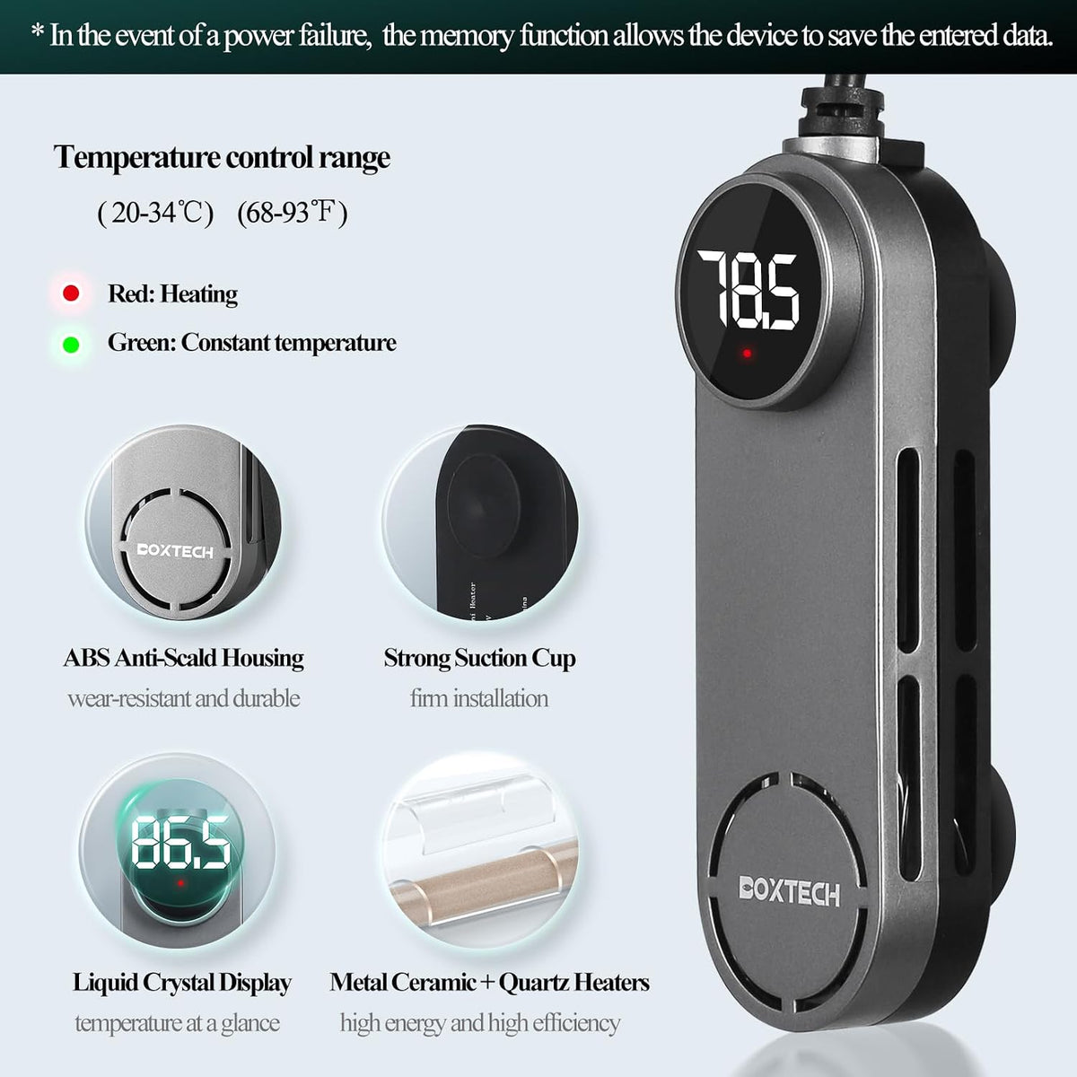 Boxtech 50W aquarium heater showing LED digital temperature display