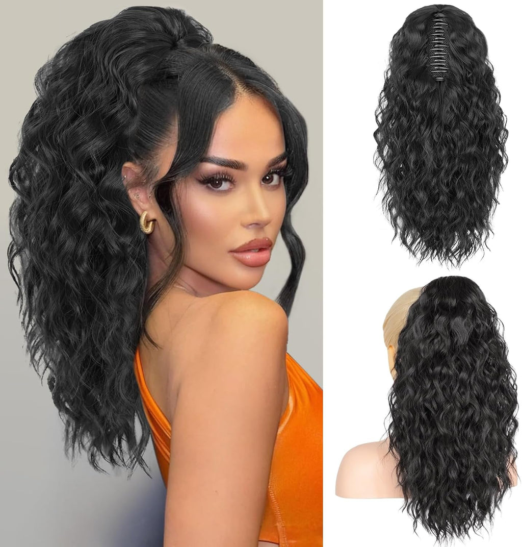 RONTAYA 18 Inch Black Claw Clip Ponytail Extension front view showing wavy volume.