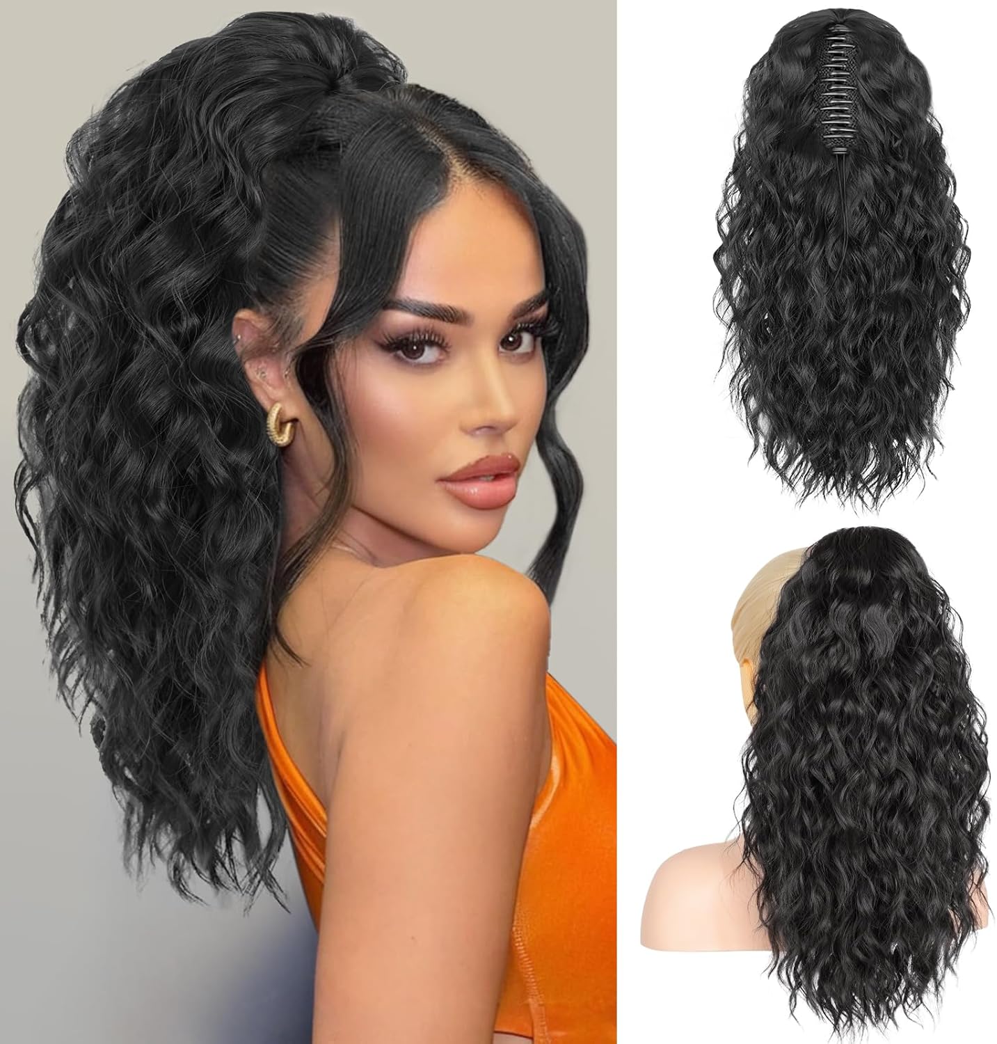 RONTAYA 18 Inch Black Claw Clip Ponytail Extension front view showing wavy volume.