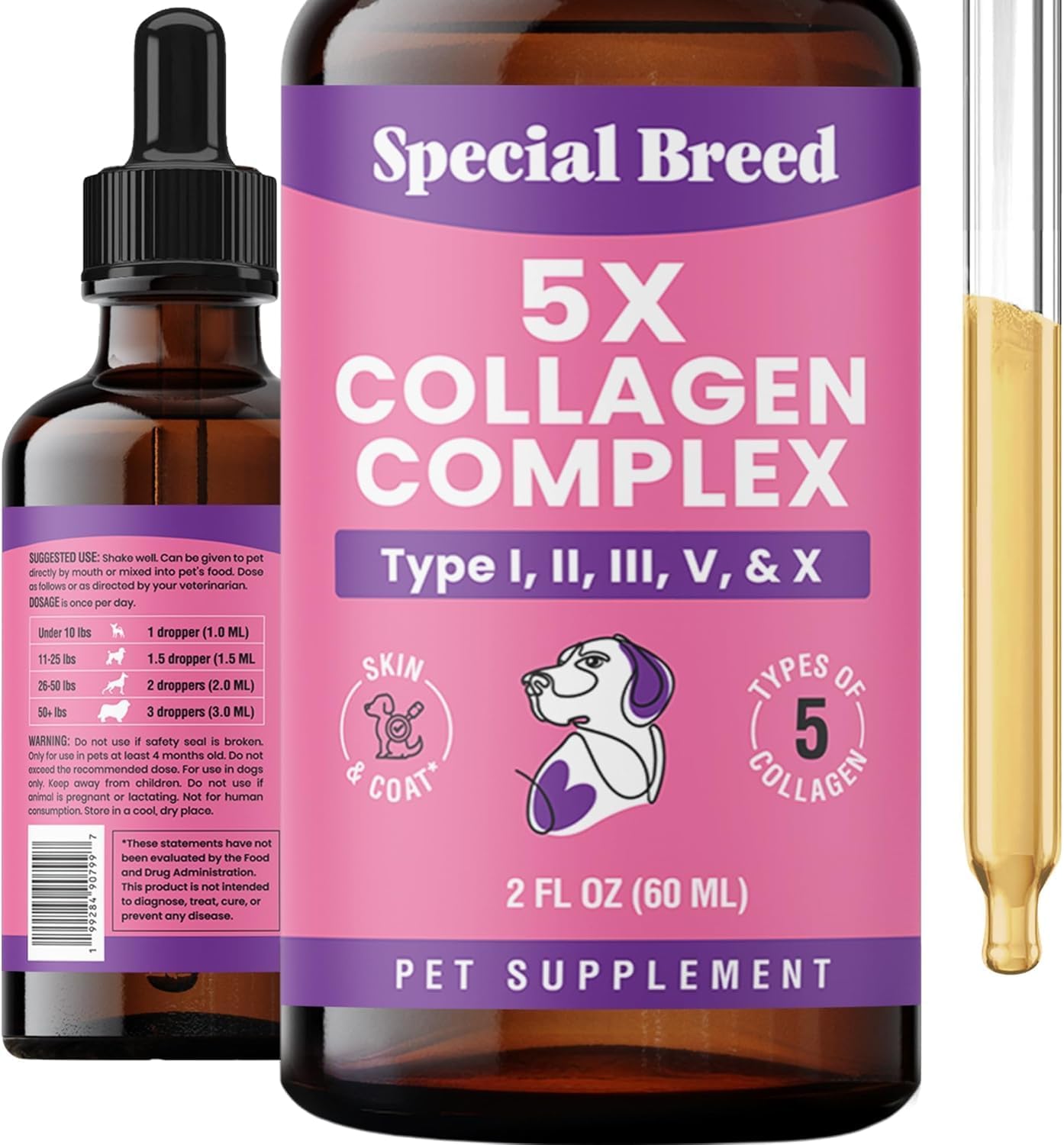 Authentic four ounce liquid collagen bottle for dogs showing product size and instructions