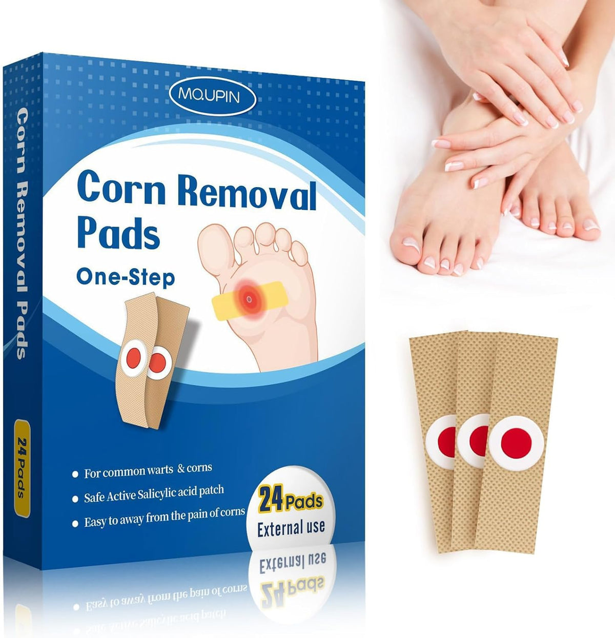 MQUPIN Corn Removal Pads 24 count front packaging showing foot corn treatment.