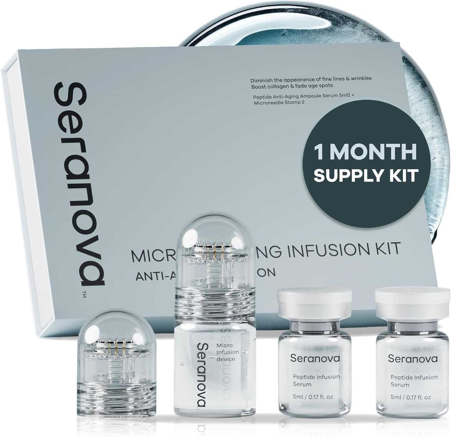 Seranova Micro Infusion skincare kit front view showing the serum vials and stamp device.