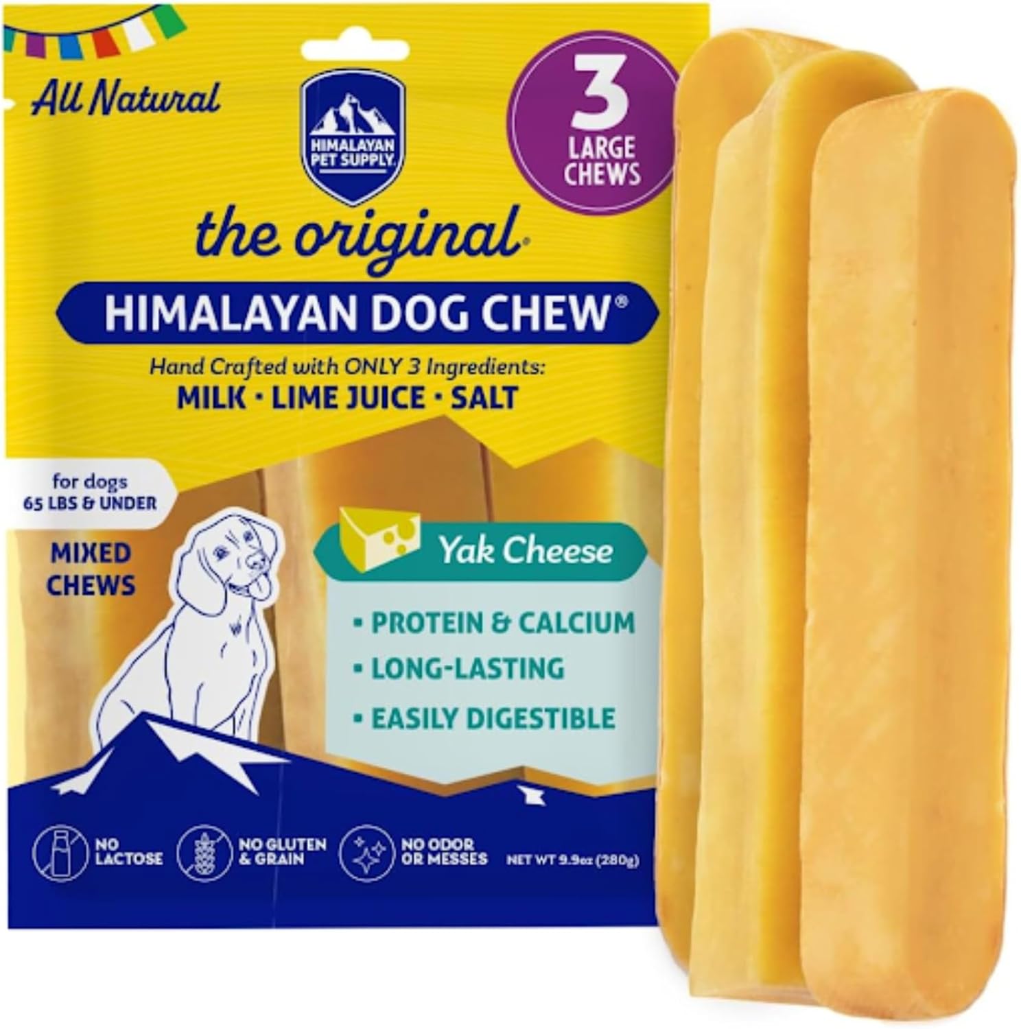 Himalayan Dog Chew Original Yak Cheese Dog Chews front packaging view displaying three count long lasting treats