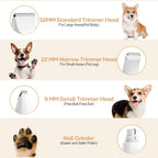 Masagotti dog trimmer kit displaying all four interchangeable heads including the nail grinder attachment.