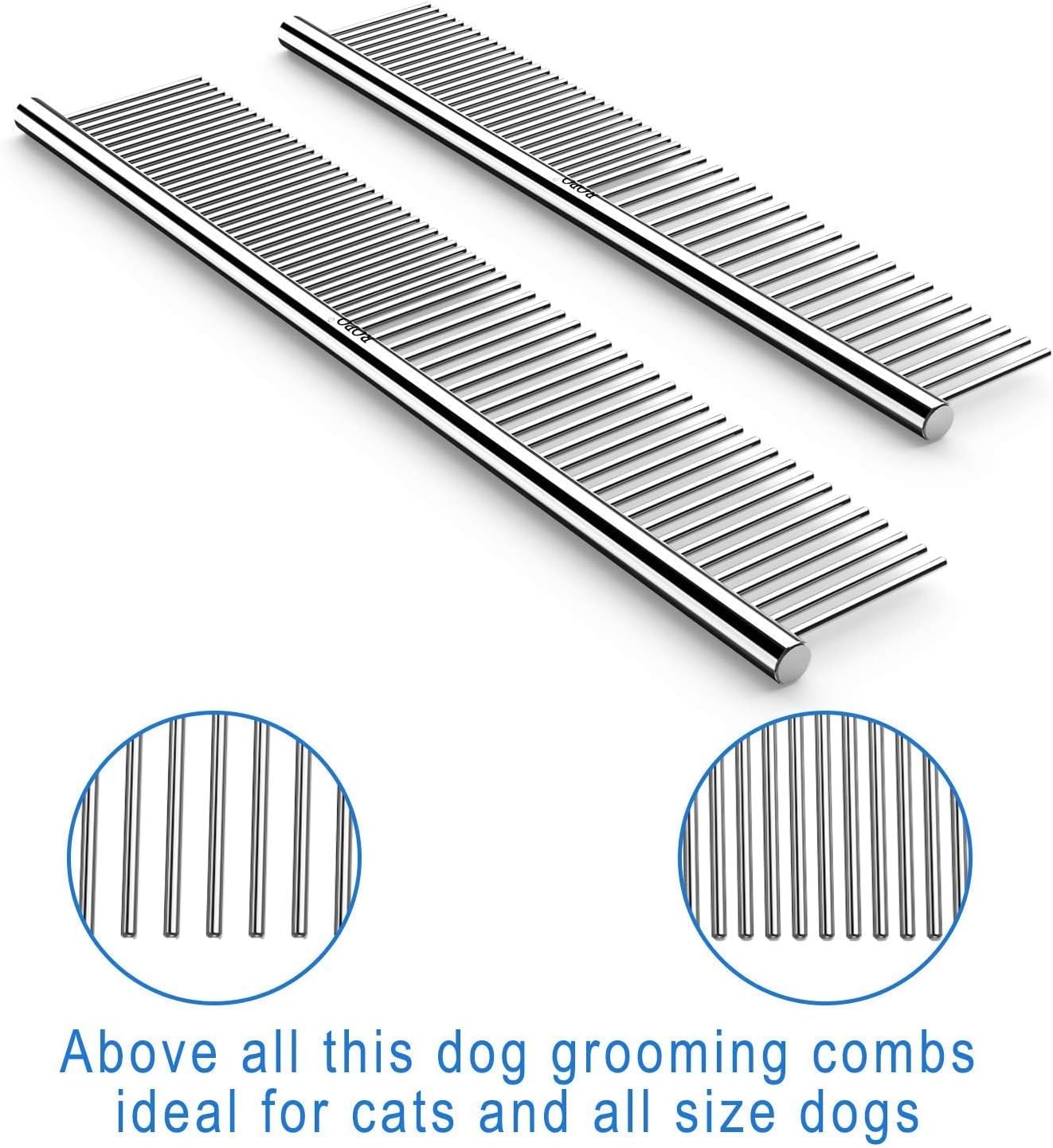 Two pack pet steel combs in 6.5 inch and 7.4 inch sizes for dog and cat dematting.