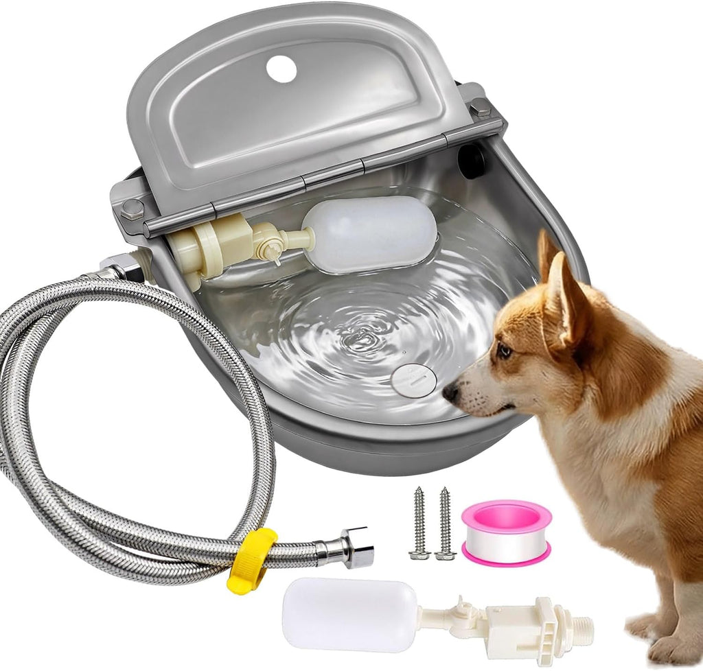 Wall mounted stainless steel dog water bowl dispenser close up view