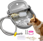 Wall mounted stainless steel dog water bowl dispenser close up view