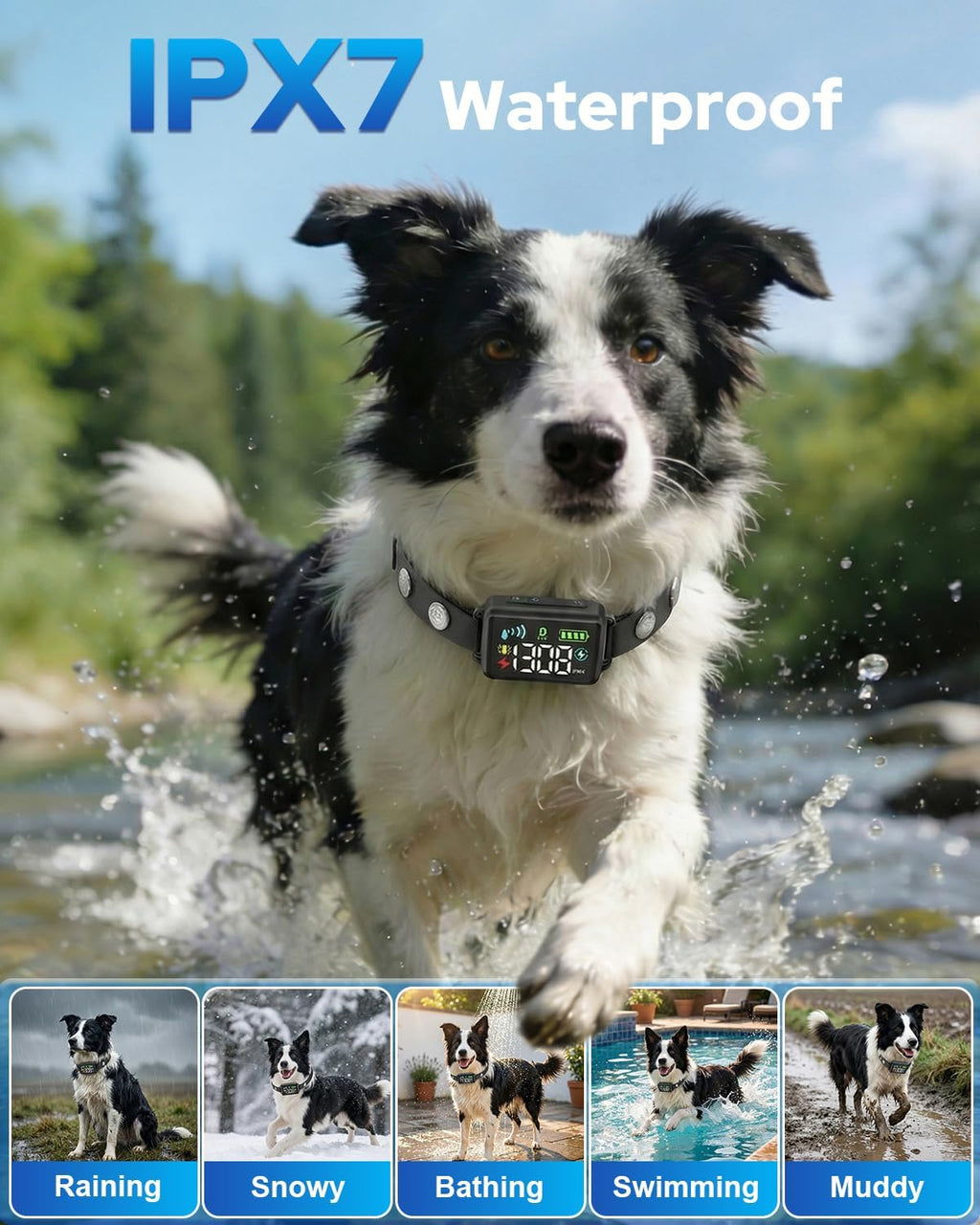 Rechargeable smart pet collar attached to a USB charging cable highlighting the forty-eight hour extended battery life.